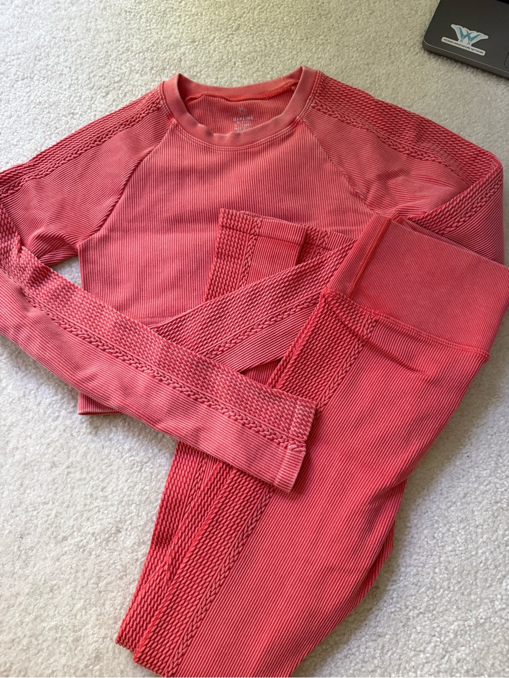 Coral Pink Ribbed Long-Sleeve Crop Sweatshirt